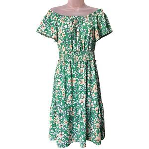 Sienna Sky Ruffled Floral Off Shoulders Milkmaid Dress Smocked Waist Sz Small